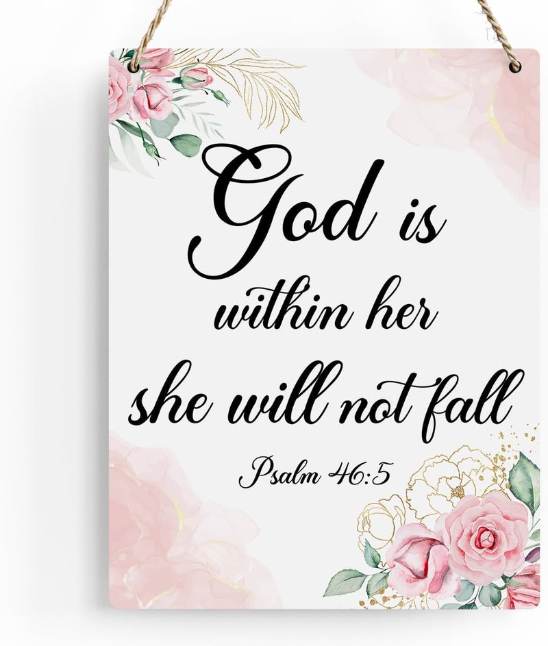 BELLOWDEER Inspirational Decor God is Within Her She Will Not Fall Psalm 46:5 Christian Gifts for Women Bible Verse Wall Art Scripture Wooden Hanging Sign for Kids Room Bathroom Bedroom Decor 8 x 10 Inches - Image 1